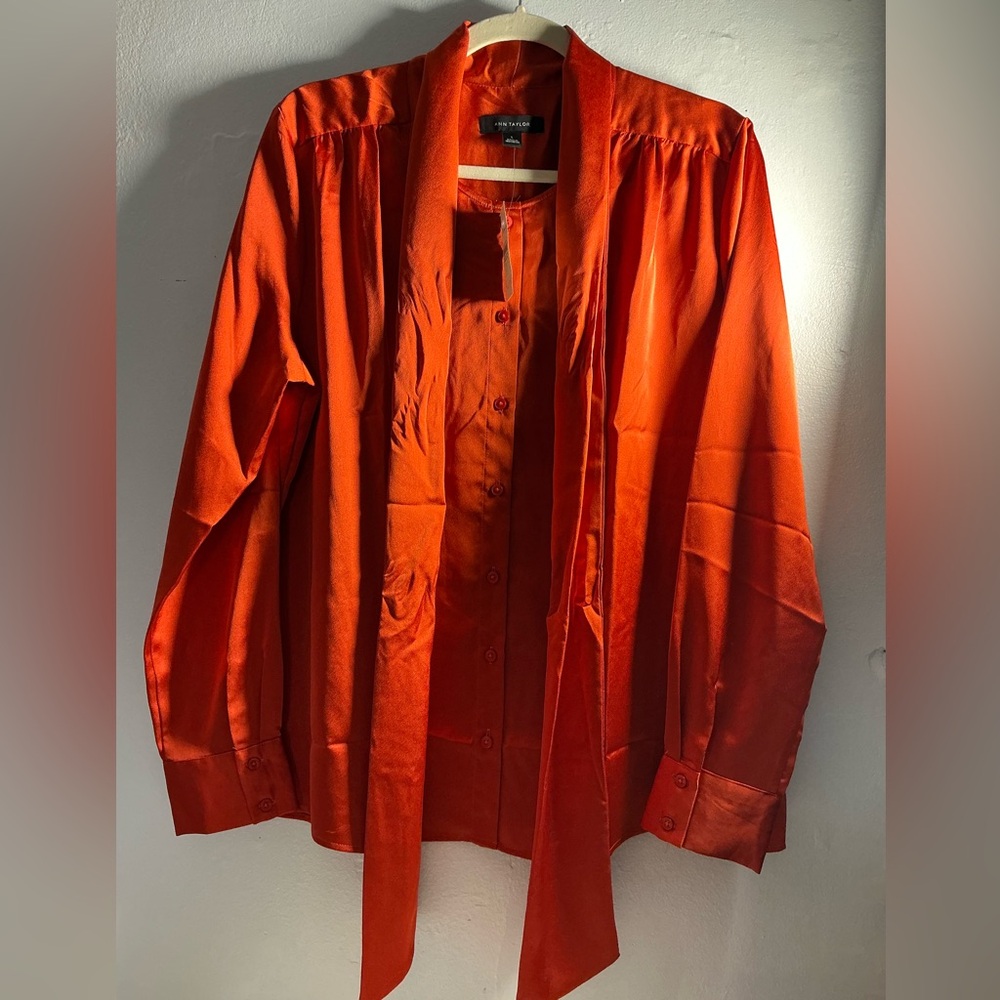 Ann Taylor Vibrant Orange Satin Blouse with Neck Tie - Picture 10 of 15